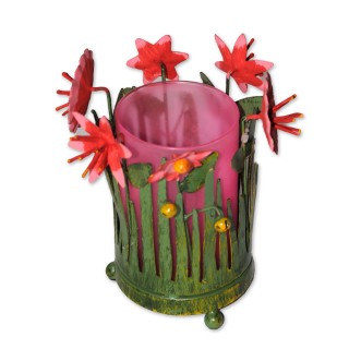 Windlicht, Metall/Glas, Blumenmotiv, rosa/multicolor