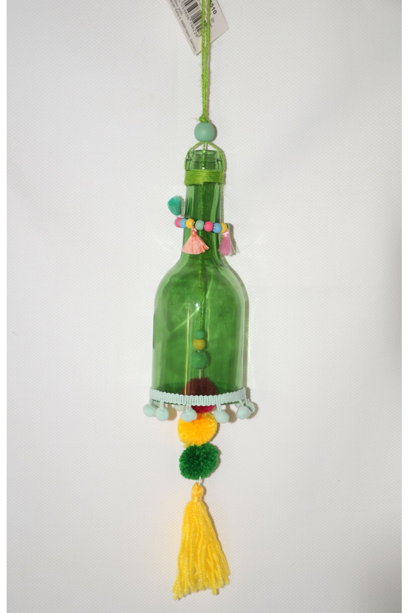 Windspiel, Glasflasche grün mit Verzierung multicolor, zum Hängen