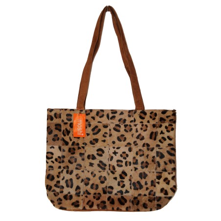 Ledershopper, Tasche, echt Leder, cognac, Vorderseite Leoprint, Fell