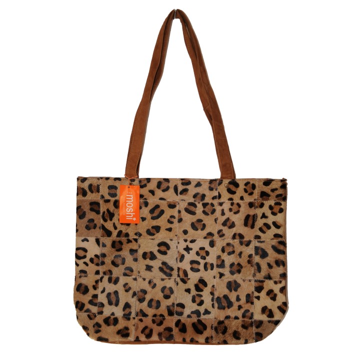 Ledershopper, Tasche, echt Leder, cognac, Vorderseite Leoprint, Fell