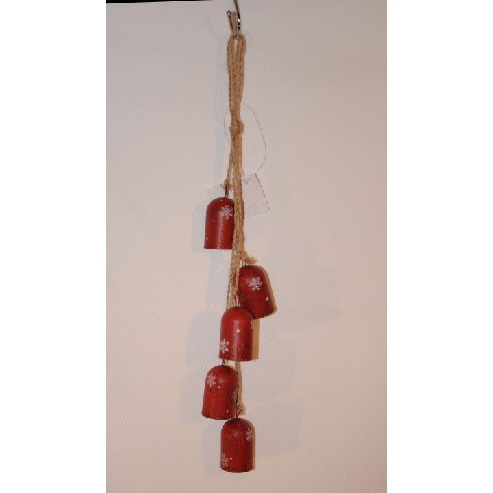 Anhänger, Glocken rot, Schneeflocken weiß, Metall, Jutekordel