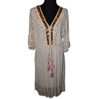 Tunikakleid, Kleid, creme Spitze, Pompons, Quasten, One Size