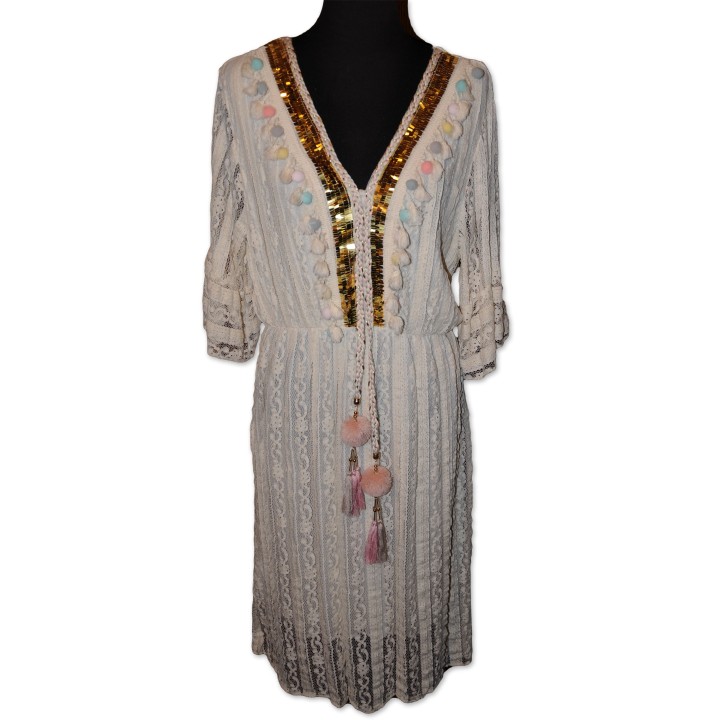 Tunikakleid, Kleid, creme Spitze, Pompons, Quasten, One Size