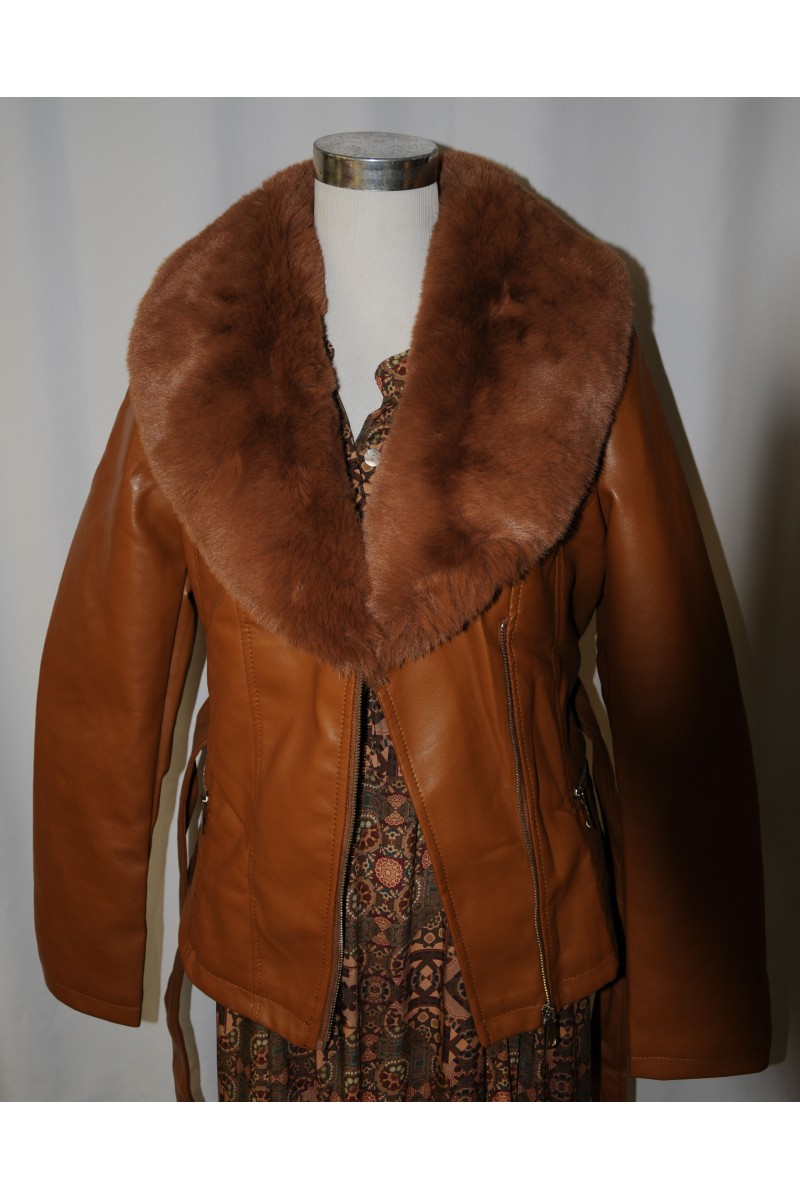 Jacke, Kunstleder/ Kunstfellkragen, cognac, elegant