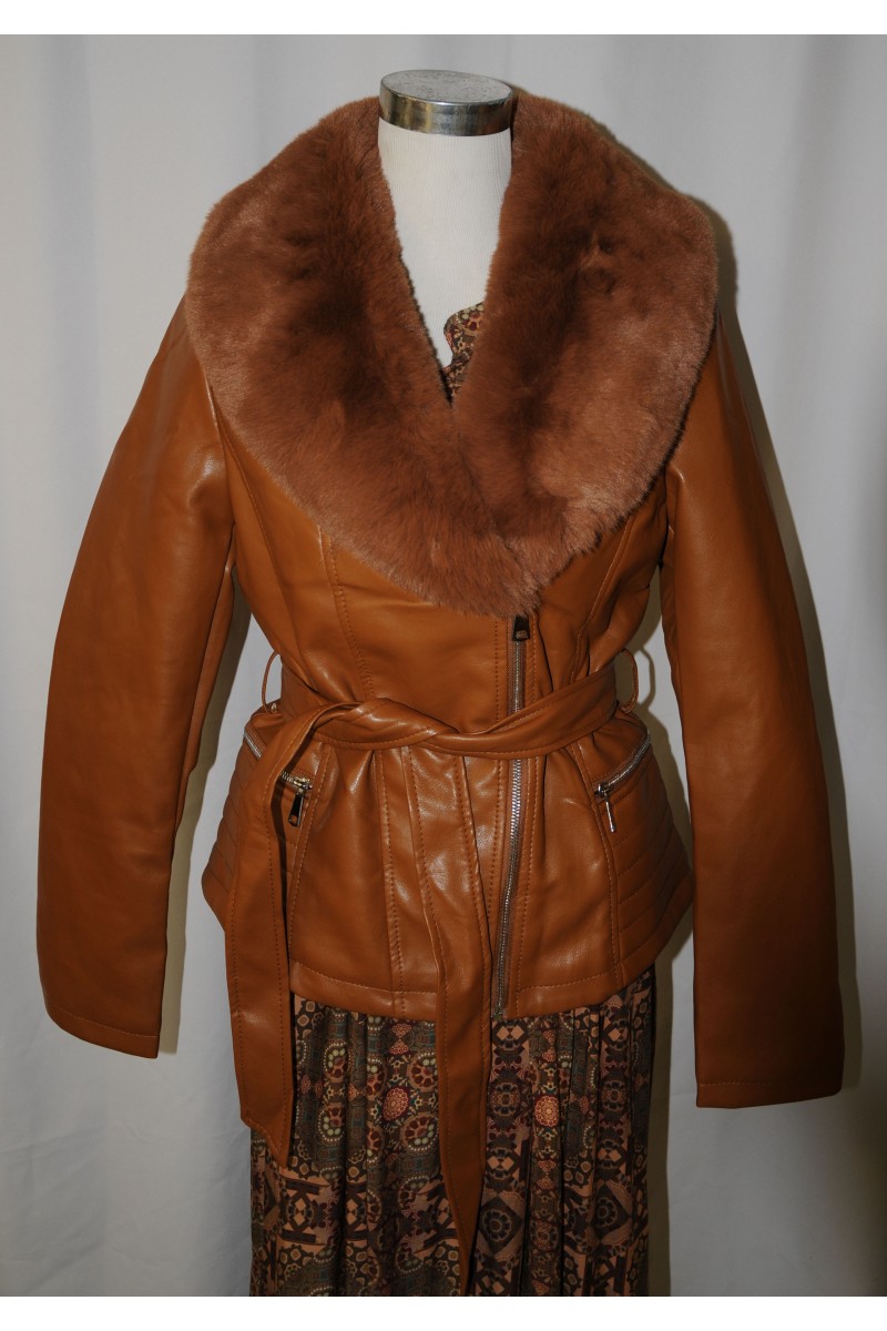 Jacke, Kunstleder/ Kunstfellkragen, cognac, elegant