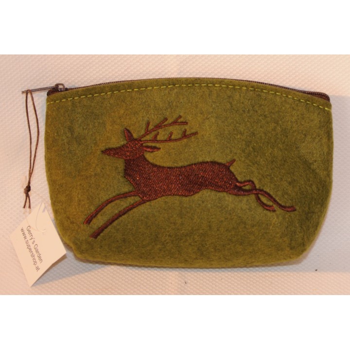 Tasche, Filztasche, Hirschmotiv aufgestickt, grün/braun