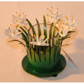 Windlicht, Metall lackiert, Glaseinsatz klar, Wiesenblume, grün/weiß multicolor