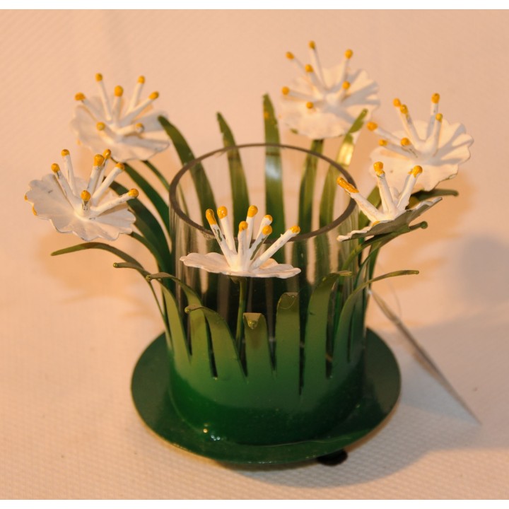 Windlicht, Metall lackiert, Glaseinsatz klar, Wiesenblume, grün/weiß multicolor