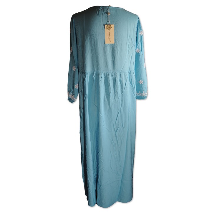Kleid, lang, türkis, weiß bestickt
