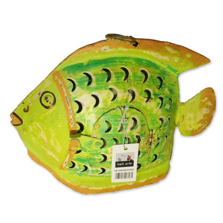 Windlicht, Fisch, Metall, grün/orange lackiert
