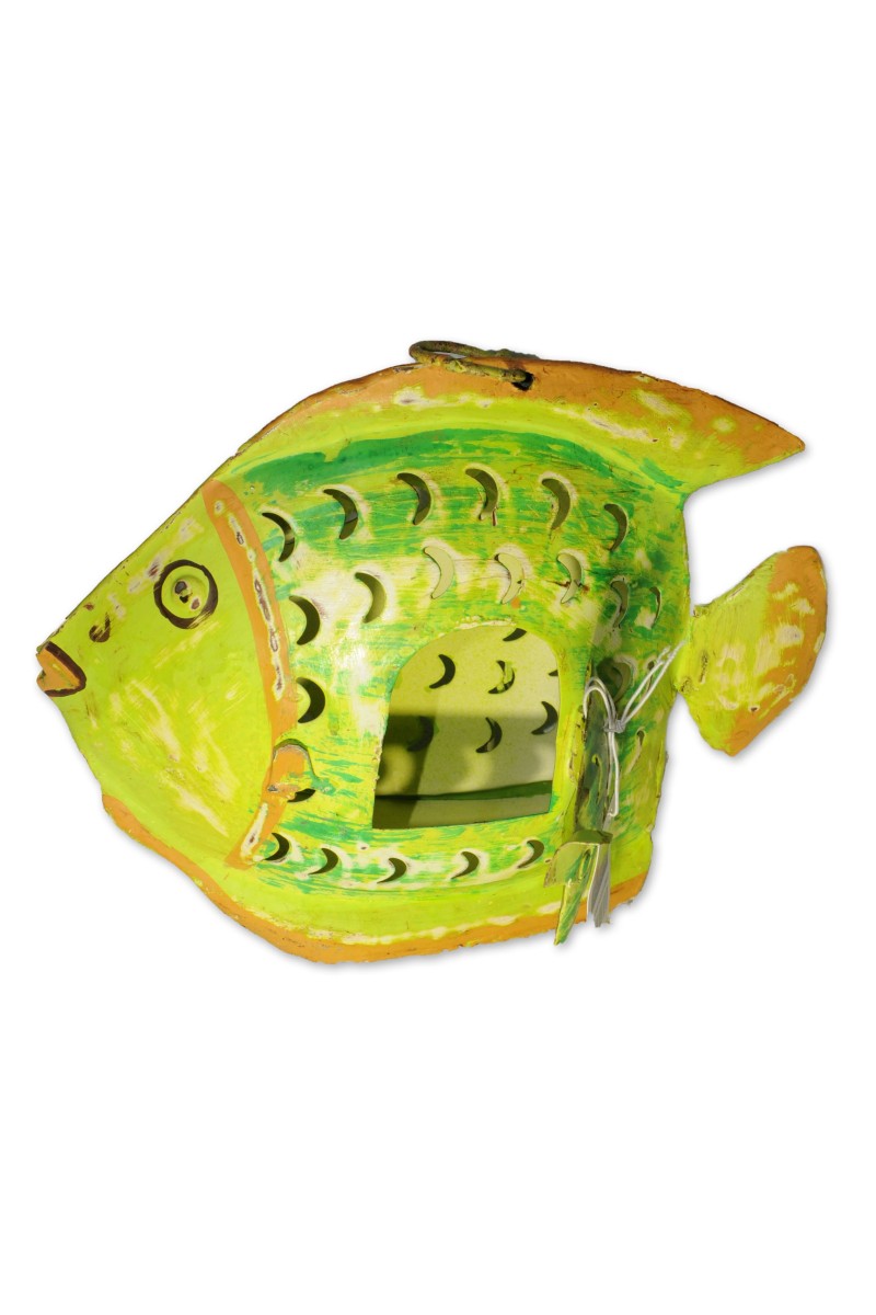 Windlicht, Fisch, Metall, grün/orange lackiert