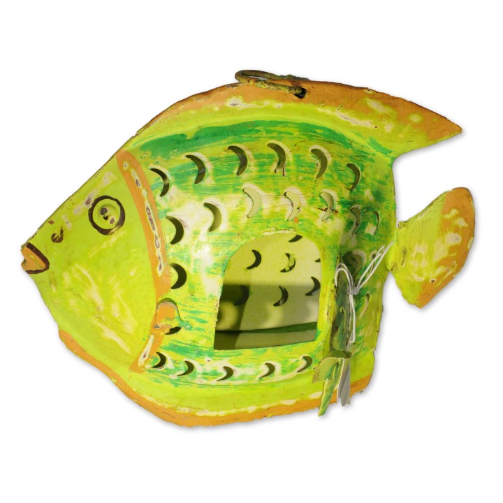 Windlicht, Fisch, Metall, grün/orange lackiert