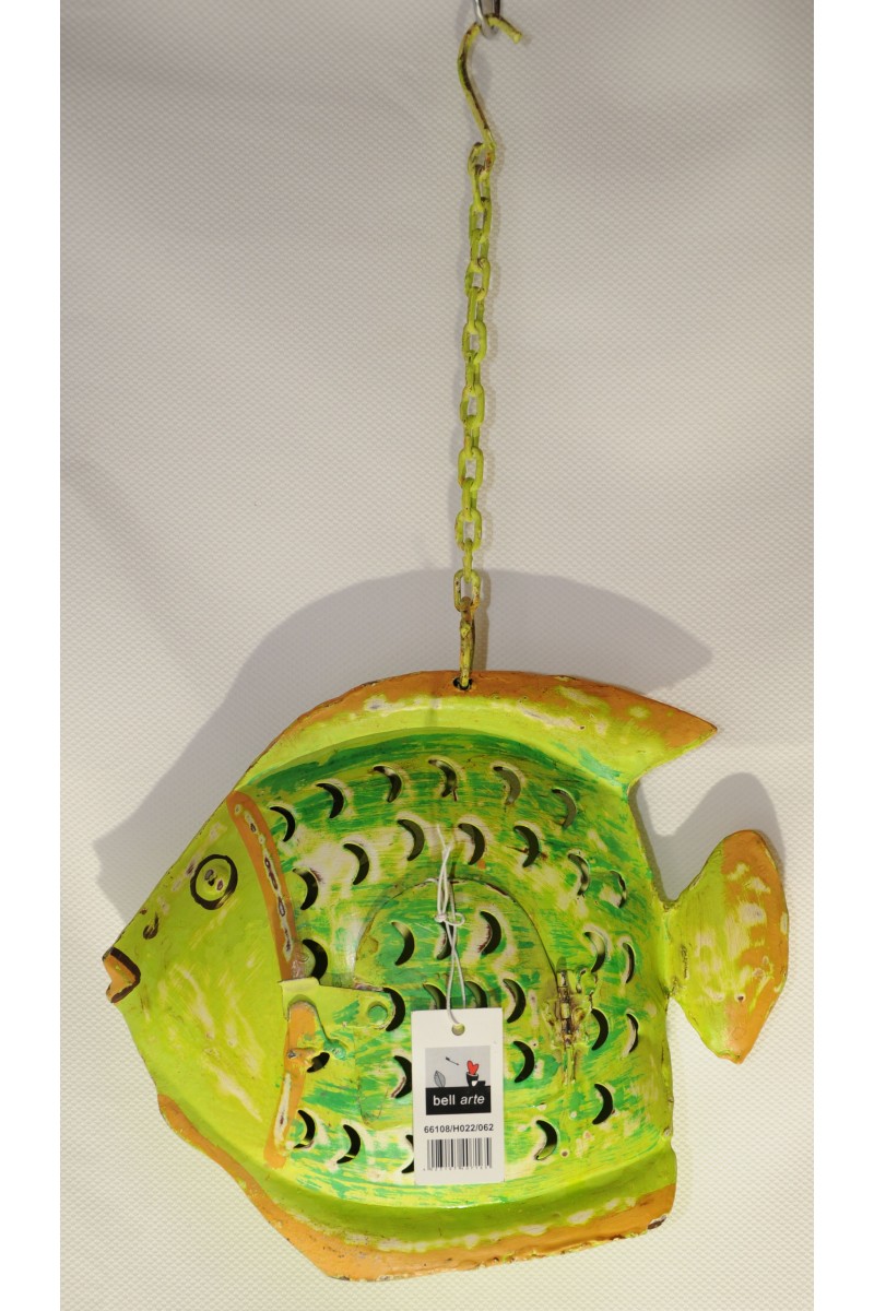 Windlicht, Fisch, Metall, grün/orange lackiert