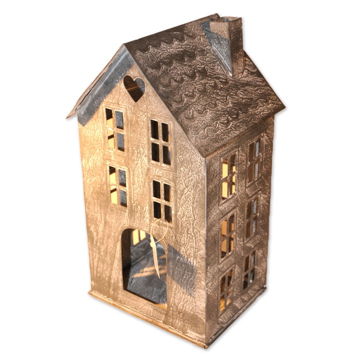 Haus, Windlicht, weiß/Zink, Metall