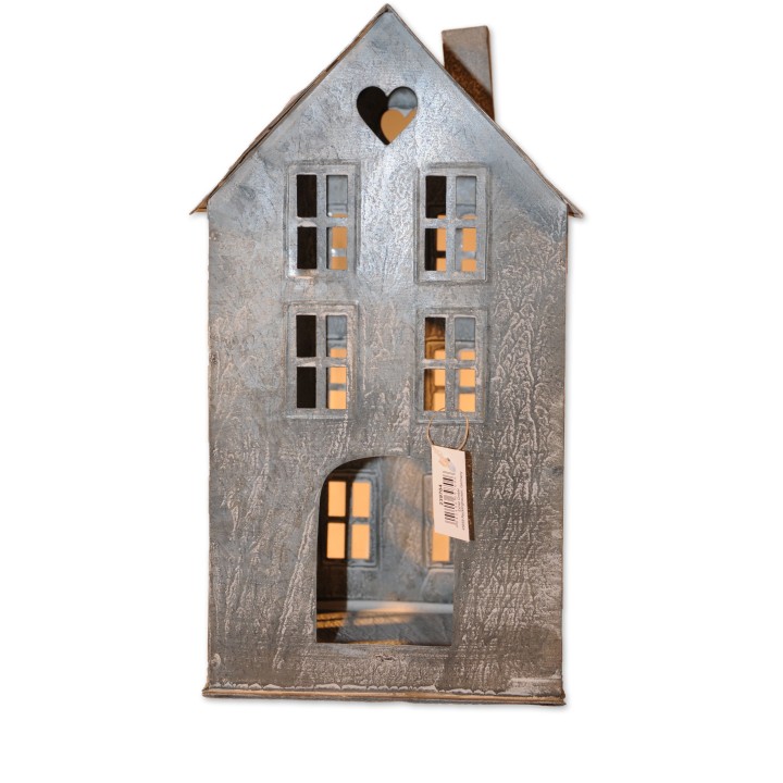 Haus, Windlicht, weiß/Zink, Metall