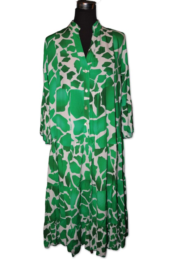 Kleid, Maxikleid, lang, weiß/smaragdgrün gemustert, One Size