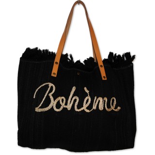 Strandtasche, Badetasche, Stofftasche, schwarz uni mit Schriftzug "Boheme"