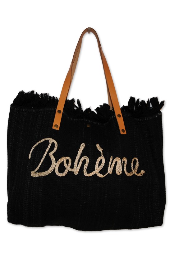 Strandtasche, Badetasche, Stofftasche, schwarz uni mit Schriftzug "Boheme"