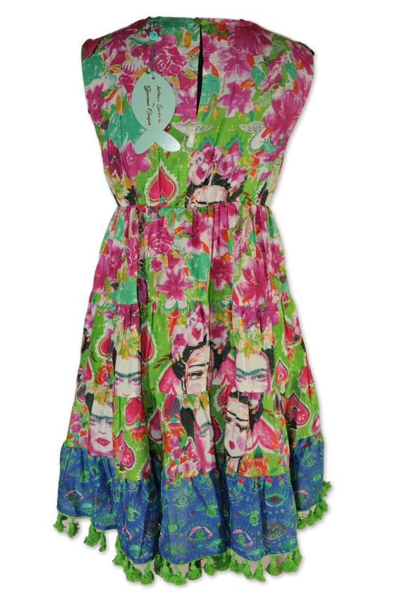 Kleid, multicolor grün, Frida Kahlo Druck, bestickt, Antica Sartoria