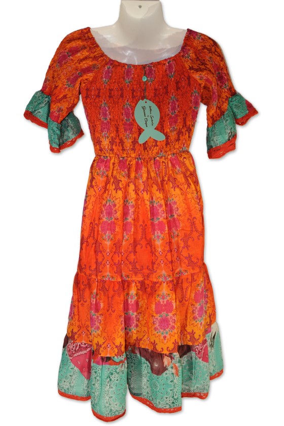 Kleid, multicolor rot/türkis, bestickt, Antica Sartoria