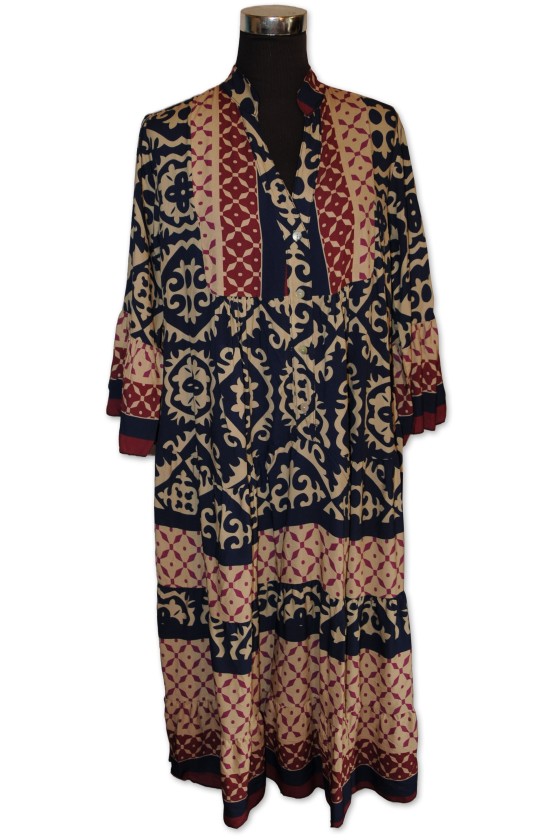 Kleid, Midikleid, dunkelblau/beige/rot/lila multicolor gemustert, One Size, 100% Viscose