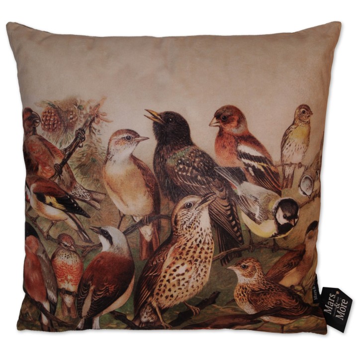 Kissen, Singvogelmotiv, beige/braun multicolor, Baumwollsamt, 45x45 cm