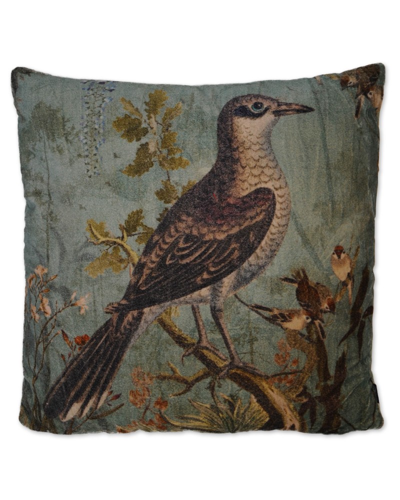 Kissen, Vogelmotiv, grün/türkis multicolor, Baumwollsamt, 45x45 cm