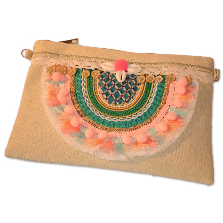 Tasche, Umhängetasche, Clutch, Vorderseite reichlich verziert, gefüttert