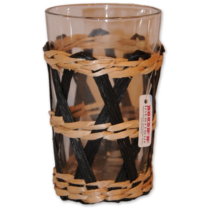 Windlicht, Trinkglas, Glas klar, Geflecht natur/schwarz