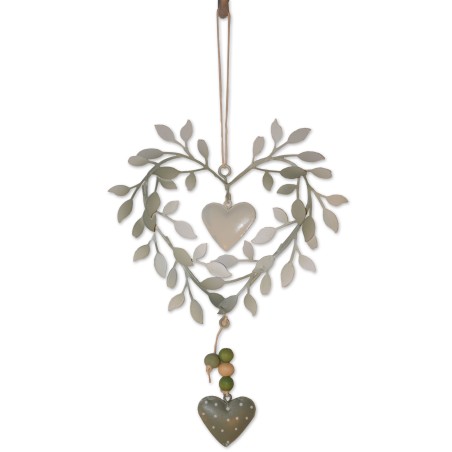 Metallhänger, Herz, Metall hellgrün/creme, Holzperlen, zum Hängen