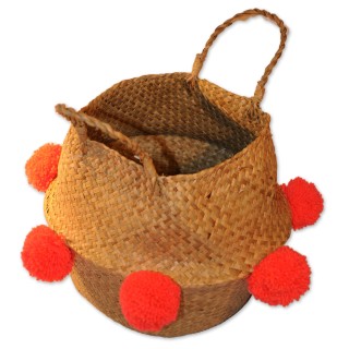 Korb, natur, Pompons neonorange, 2 Henkel, Unikat