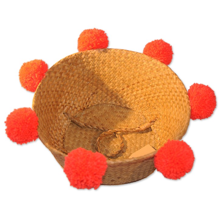 Korb, natur, Pompons neonorange, 2 Henkel, Unikat