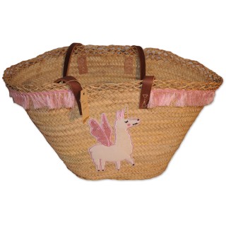 Ibiza-Tasche, Standtasche, natur, Unikat, reichlich verziert, Einhorn Applikation, Fransenborte