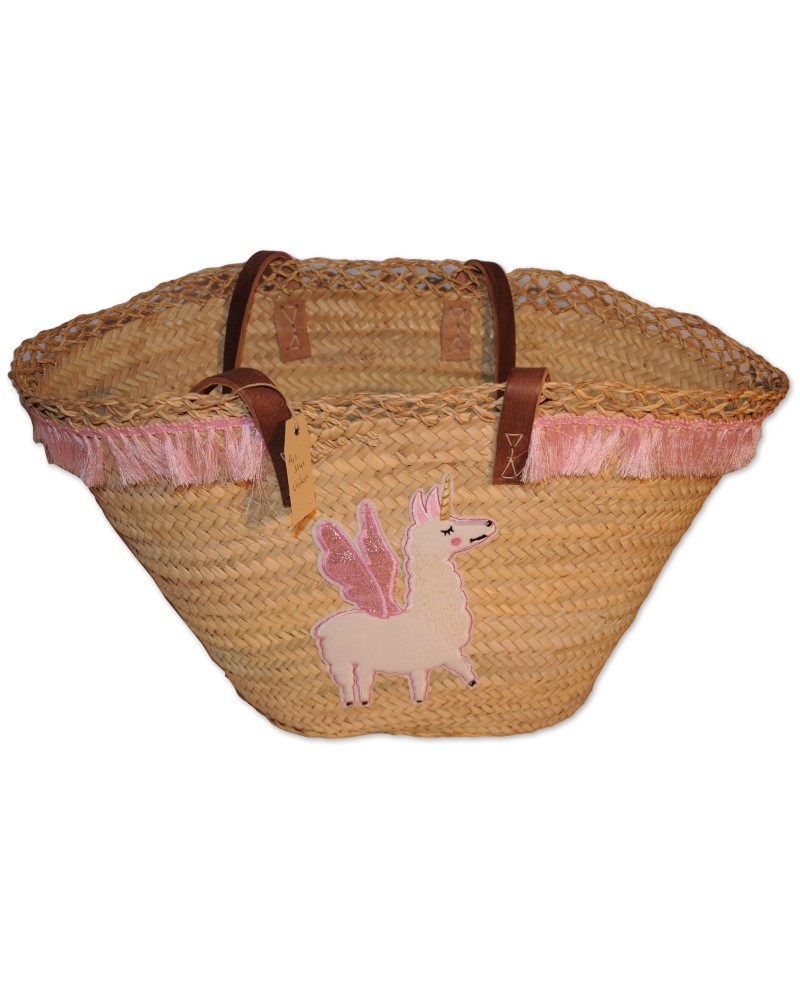 Ibiza-Tasche, Standtasche, natur, Unikat, reichlich verziert, Einhorn Applikation, Fransenborte