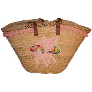 Ibiza-Tasche, Standtasche, natur, Unikat, reichlich verziert, Einhorn Applikation, Pomponborte rosa