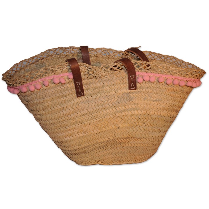 Ibiza-Tasche, Standtasche, natur, Unikat, reichlich verziert, Einhorn Applikation, Pomponborte rosa