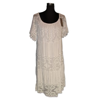 Kleid, weiß, gefüttert, One Size, Stoff und Spitze, Carmenausschnitt mit Gummizug