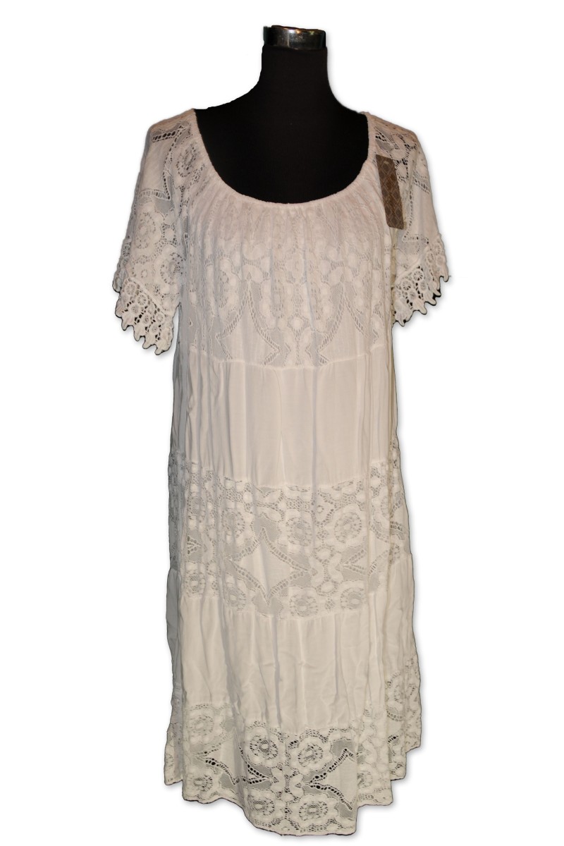 Kleid, weiß, gefüttert, One Size, Stoff und Spitze, Carmenausschnitt mit Gummizug