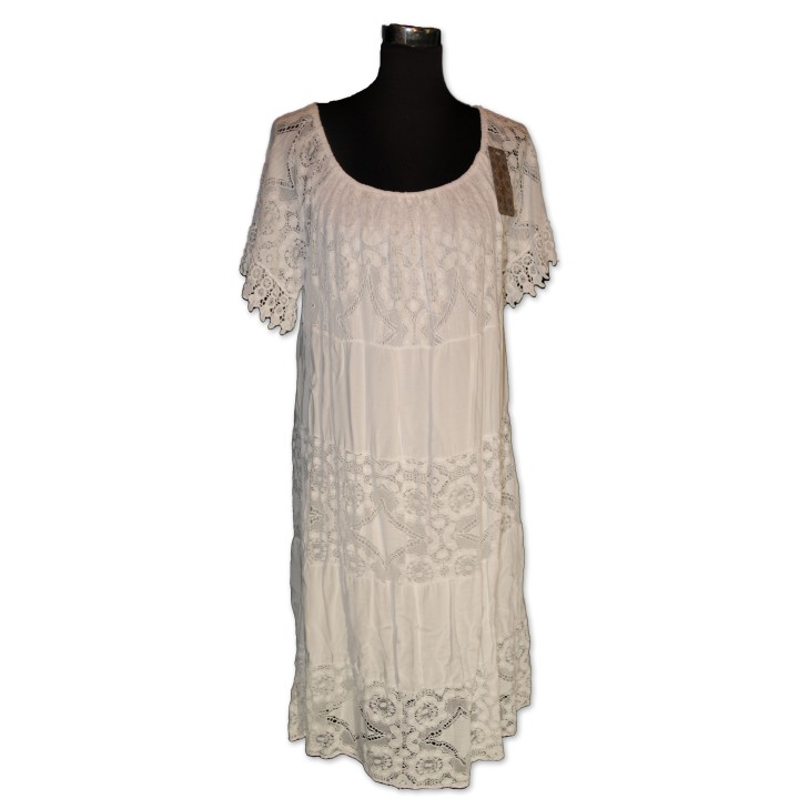 Kleid, weiß, gefüttert, One Size, Stoff und Spitze, Carmenausschnitt mit Gummizug