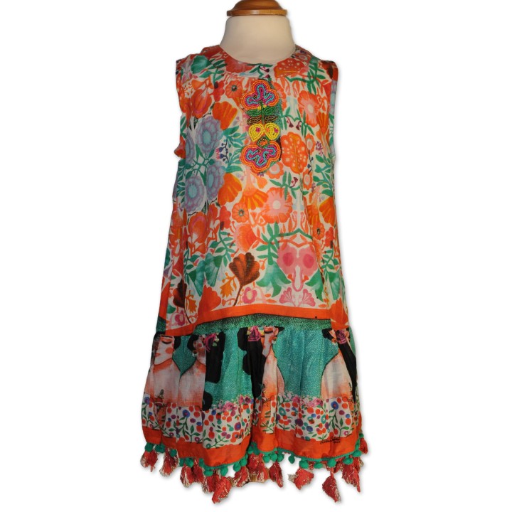 Kinderkleid, multicolor, floral gemustert, bestickt, Gr. 4 Jahre