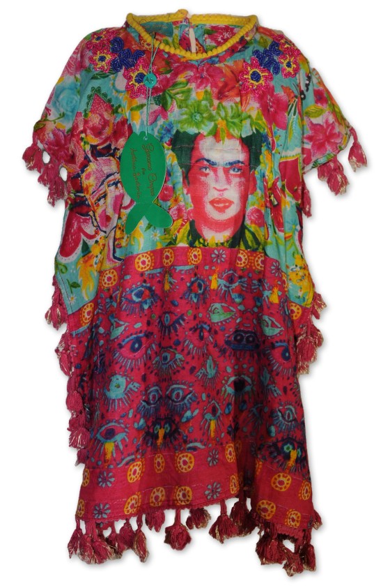 Kinderkleid, Tunika, multicolor gemustert, Frida Kahlo Motiv,  Brust Perlenbestickt, Gr. 2 Jahre
