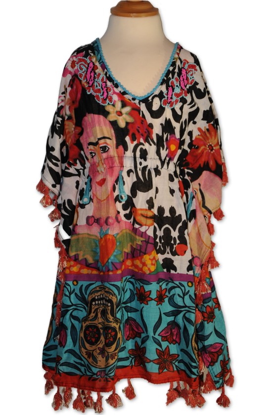 Kinderkleid, Tunika, multicolor gemustert, Frida Kahlo Motiv, Brust Perlenbestickt, Gr. 6 - 8 Jahre