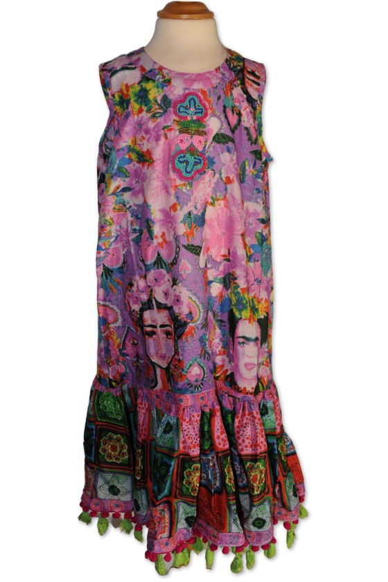Kinderkleid, multicolor gemustert, lila, Frida Kahlo Motiv, Gr. 8 Jahre