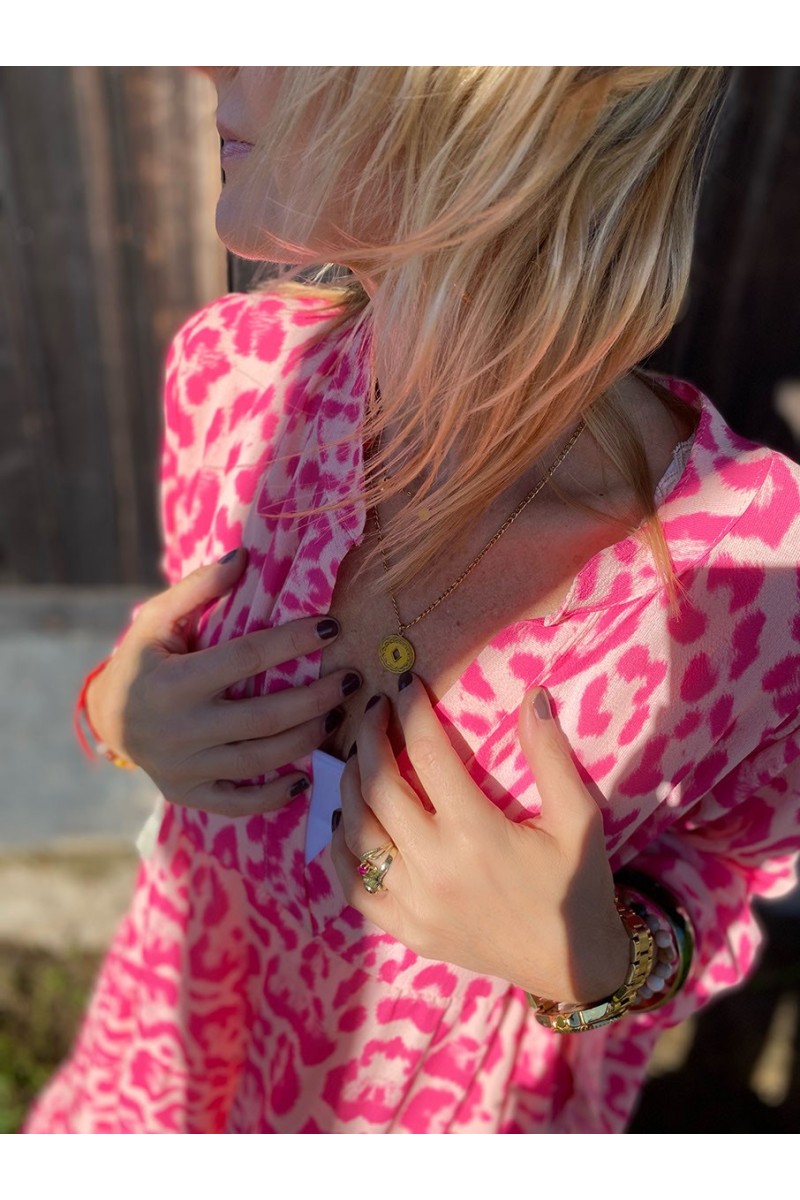 Kleid, lang, Animalprint, Farbe: pink/creme, One Size