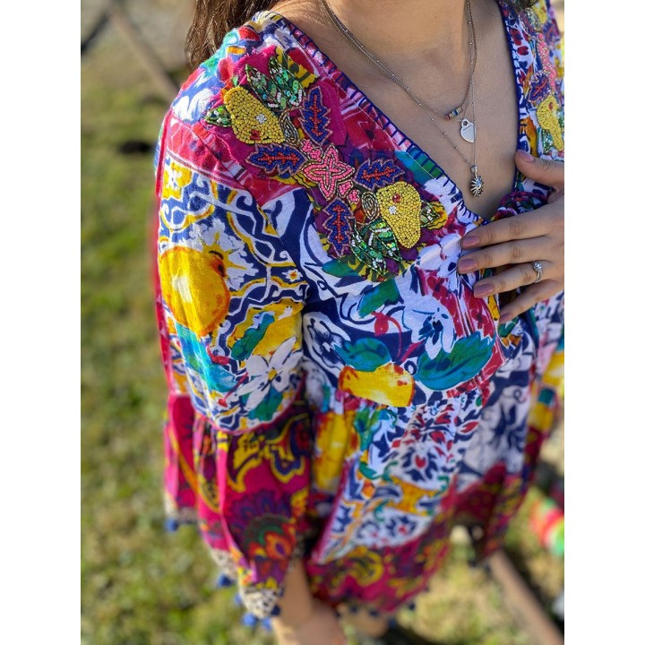 Tunika, pink/ multicolor bestickt, One Size