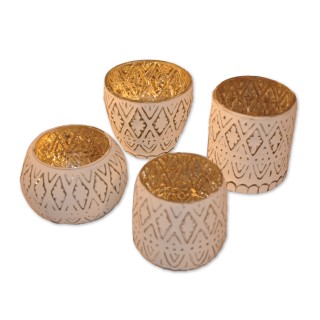 Windlichter 4er-Set, Mandala, rund, Glas, innen silber, außen weiß