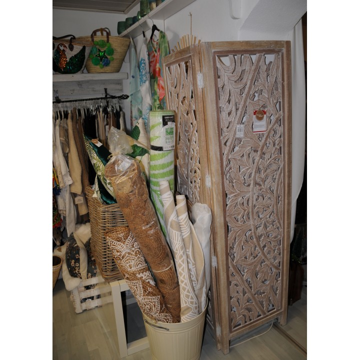 Paravent, Tofejus, Shabby-Chic, Mangoholz, reichlich geschnitzt, mehrfarbig, MFD,  Höhe 182 cm