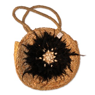 Korbtasche, Badetasche Boho, natur, Federn/Muscheln schwarz, rund