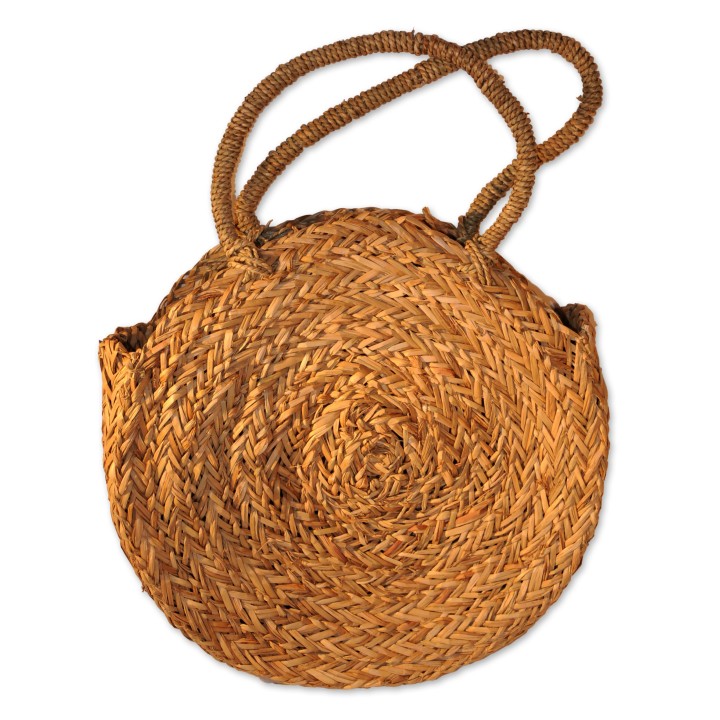 Korbtasche, Badetasche Boho, natur, Federn/Muscheln schwarz, rund