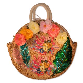 Korbtasche, Badetasche, Flower Power, natur, reichlich bestickt, Blumendeko, gefüttert